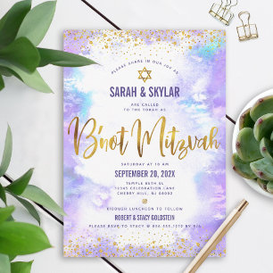 Invitation B'not Mitzvah Moderne Gold Foil Purple Aquarelle