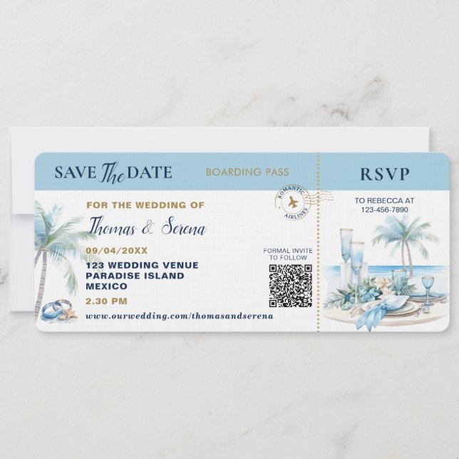 Invitation Boarding Pass Tropical Destination QR Code Wedding (Devant)