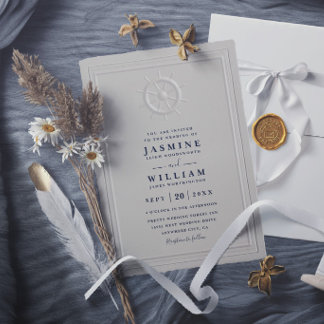 Invitation Boat Helm Faux Embossed Elegant QR Code Wedding