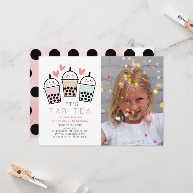 Invitation Boba Bubble Tea Party Girl Photo Birthday (Devant/Arrière en situation)