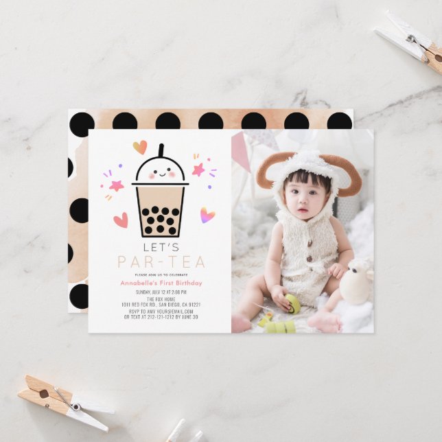 Invitation Boba Bubble Tea Party Par-tea Photo 1st Birthday (Devant/Arrière en situation)