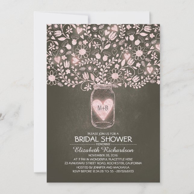 Invitation bocal de mason à fleurs rustique rose nuptiale (Devant)