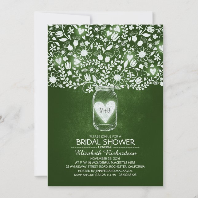 Invitation bocal de mason à fleurs rustique vert nuptiale (Devant)