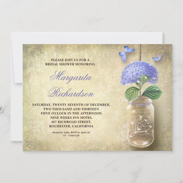 Invitation bocal de mason avec fleurs bleues-invitations de d (Devant)