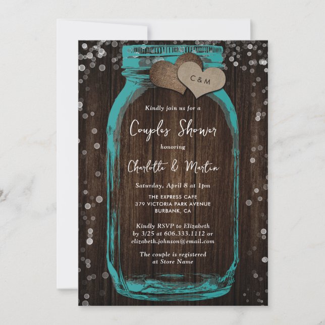 Invitation Bocal en bois sarcelle pour la douche de couples r (Devant)