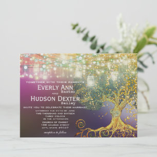 Invitation Bocal en forêt conte de fées mariage violet et or