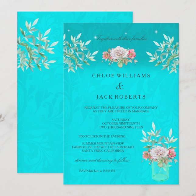 Invitation Bocal Mason Floral sarcelle Mariage Rose rose blan (Devant / Derrière)