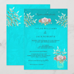 Invitation Bocal Mason Floral sarcelle Mariage Rose rose blan