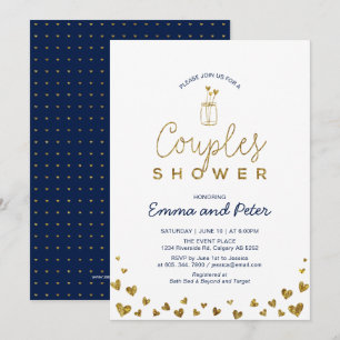 Invitation Bocal Mason, Mariage Couple Or et Marine