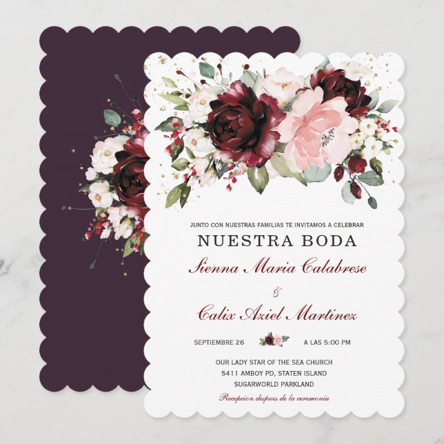 Invitation Boda en oro burdeos y rosa rubans (Devant / Derrière)