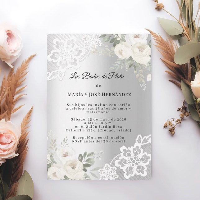 Invitation Bodas de Plata Fleurs Argentées (Créateur téléchargé)