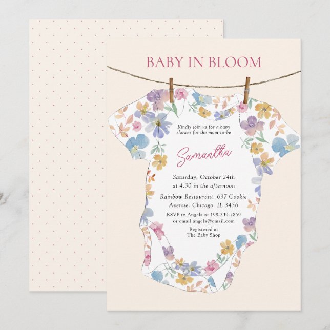 Invitation Body bébé fantaisiste en fleurs pastel (Devant / Derrière)