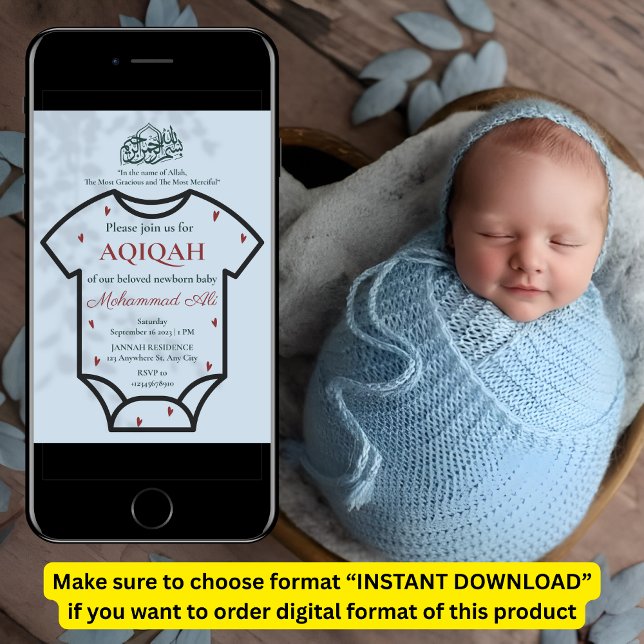 Invitation Body bébé garçon musulman islamique Aqiqah bleu (Créateur téléchargé)
