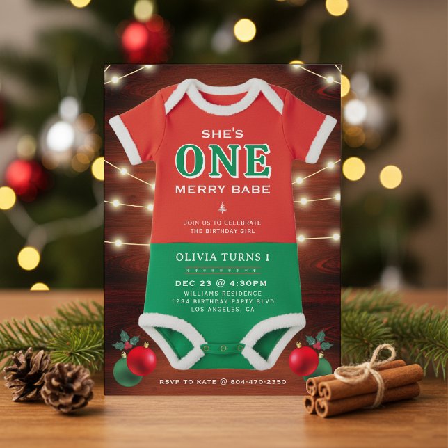 Invitation Body manche longue pour fête d'anniversaire de 1 a (Christmas 1st Birthday Party Bodysuit Rustic Wood Invitation
)