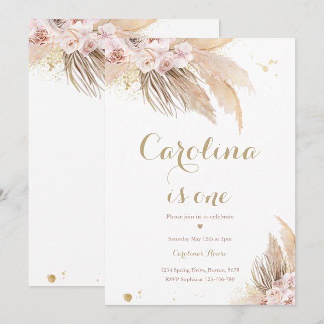 Invitation Bohème 1er anniversaire fête Boho Pampas Grass (Devant / Derrière)