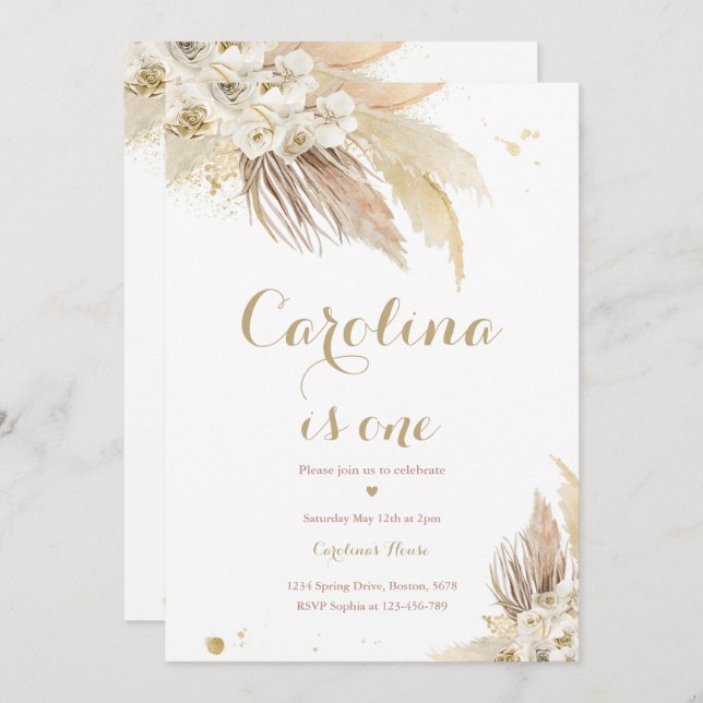 Invitation Bohème 1ère fête d'anniversaire Boho Pampas Grass  (Devant / Derrière)