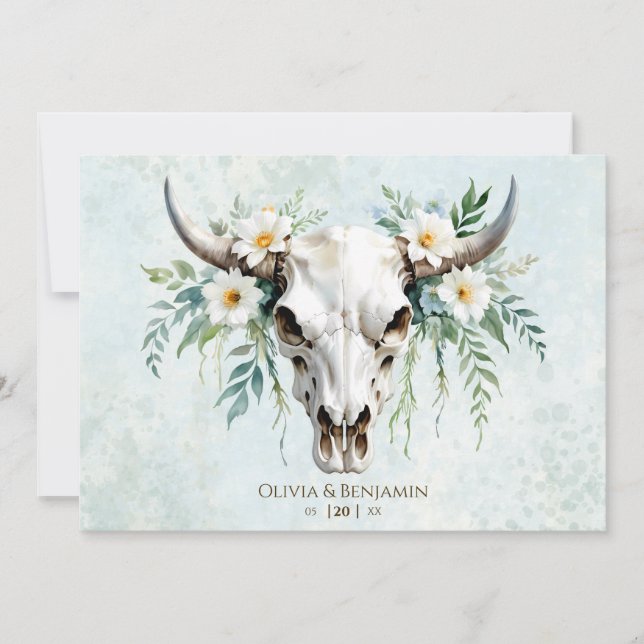 Invitation Bohème Aquarelle Floral Vache Crâne Mariage (Devant)