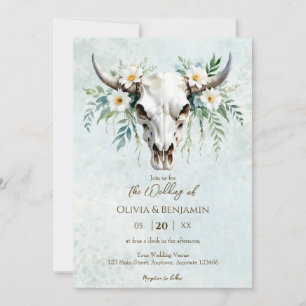 Invitation Bohème Aquarelle Floral Vache Crâne Mariage