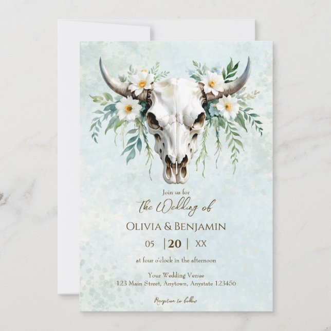 Invitation Bohème Aquarelle Floral Vache Crâne Mariage (Devant)