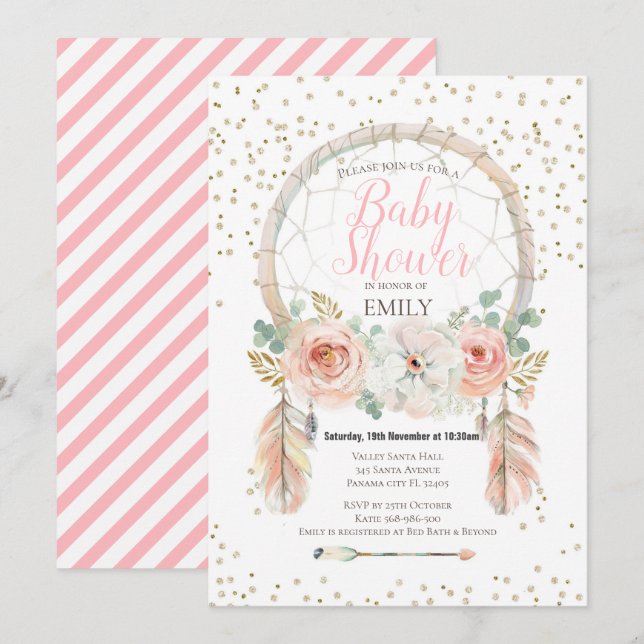 Invitation Bohème Attrape-Rêves Rose Gold (Devant / Derrière)