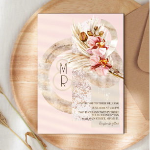 Invitation Bohème Beige Pink Monogram Mariage Pampas