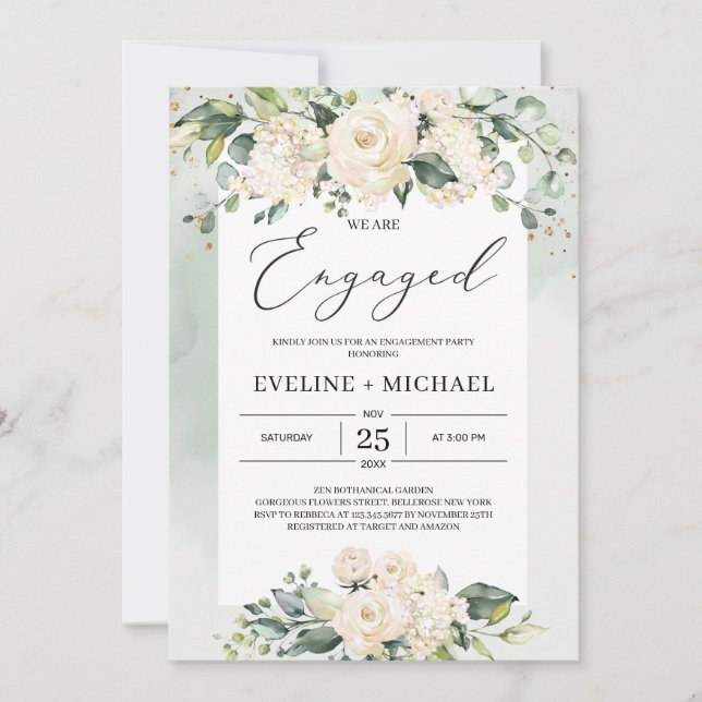 Invitation Bohème blanc roses verdure douche nuptiale (Devant)