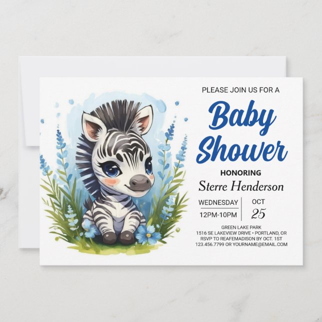 Invitation Bohème Bleu Magie Zebra Boy Baby shower (Devant)