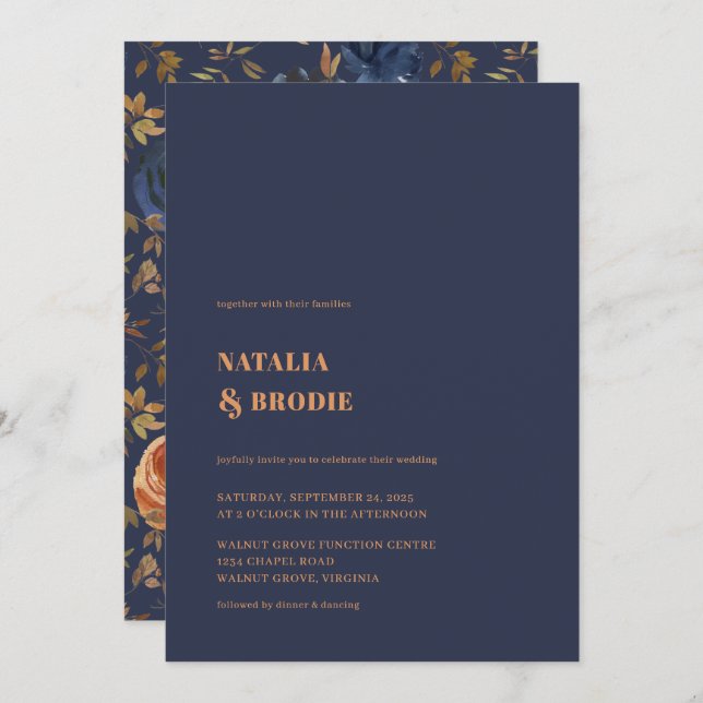 Invitation Bohème bleu rouille Mariage Floral (Devant / Derrière)