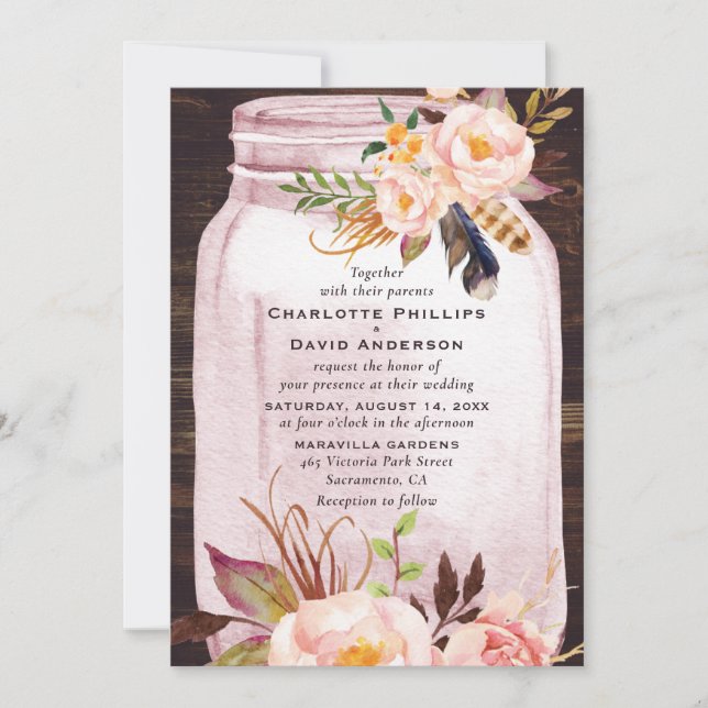 Invitation Bohême Blush Pink Mason Jar Mariage Floral (Devant)