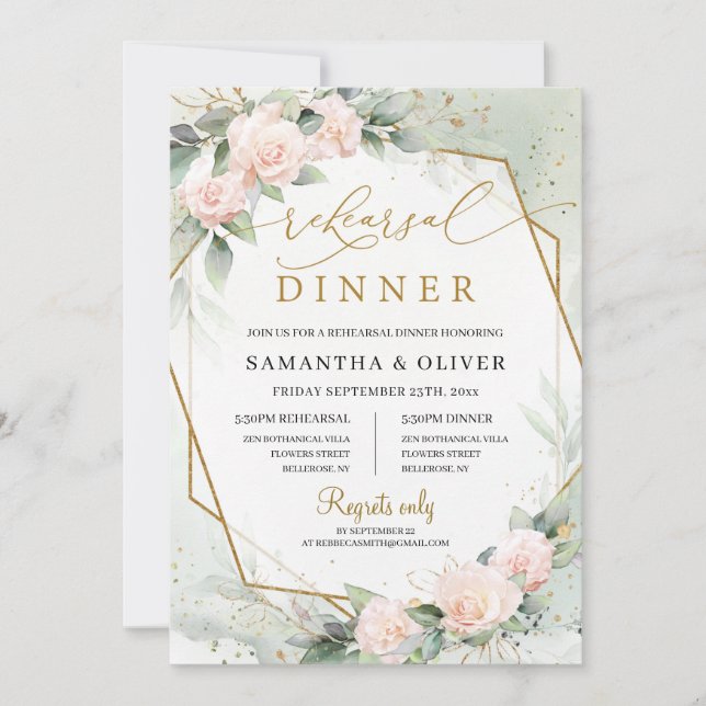 Invitation Bohème Blush rose Floral Vert Mariage or (Devant)