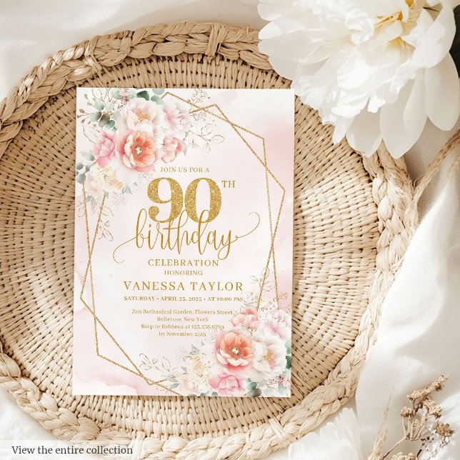 Invitation Bohème Blush Rose or Floral 90e anniversaire (Bohemian Blush Pink Gold Floral 90th Birthday Invitation)