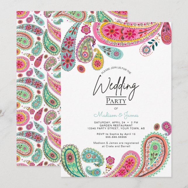 Invitation Bohème Bohème Chic rose Indien Paisley Mariage (Devant / Derrière)