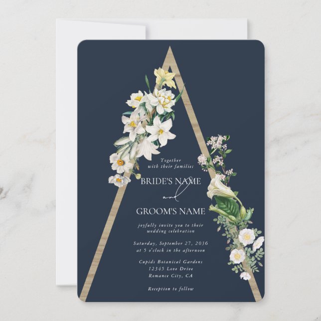 Invitation Bohème Bohème Pyramide Flore Blanche Mariage Bleu (Devant)