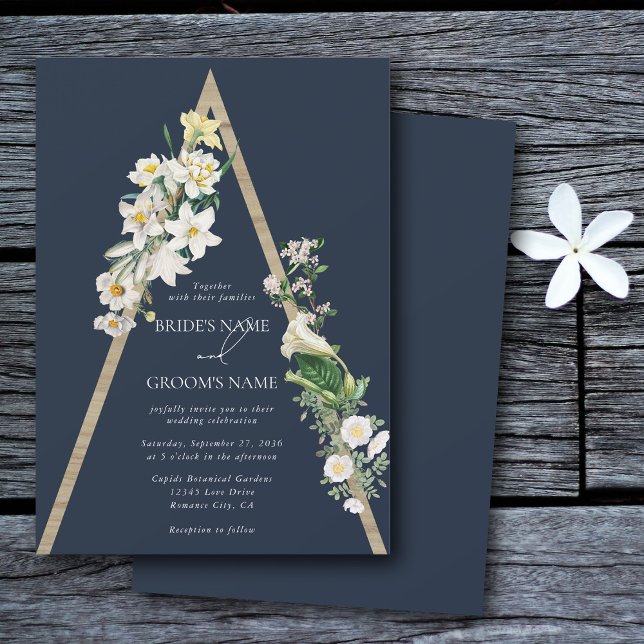 Invitation Bohème Bohème Pyramide Flore Blanche Mariage Bleu (Bohemian Wood Pyramid White Florals Blue Wedding Invitation)