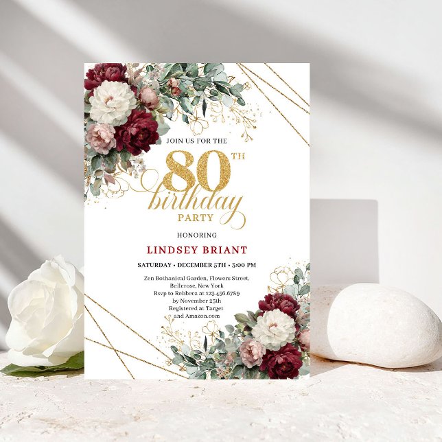 Invitation Bohème Bourgogne Or Fleurs 80e Anniversaire (Bohemian Burgundy Gold Floral 80th Birthday)