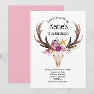 Invitation bohème, crâne taureau, bois, anniversaire