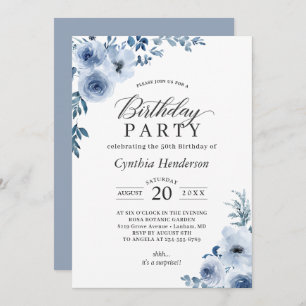 Invitation Bohème Dusty Blue Floral fête d'anniversaire