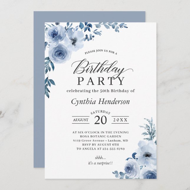 Invitation Bohème Dusty Blue Floral fête d'anniversaire (Devant / Derrière)