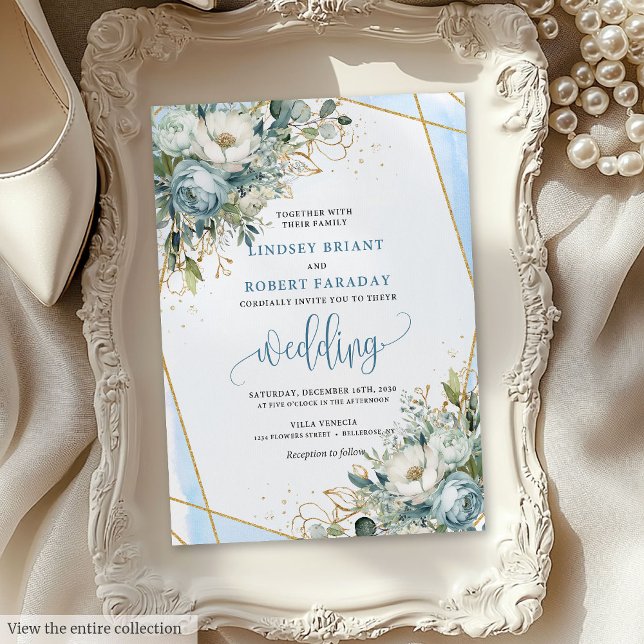 Invitation Bohème Dusty Blue Gold Peonies de mariage Inviter (Bohemian Dusty Blue Gold Peonies Wedding Invite)