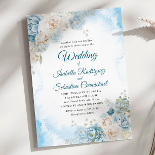 Invitation Bohème Dusty Blue Ivory Rose Fleurs Mariage