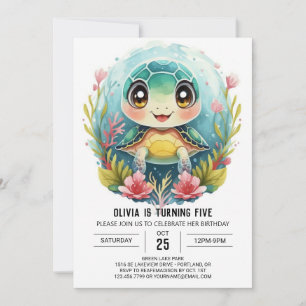 Invitation Bohème Élégante Tortue Fille Anniversaire