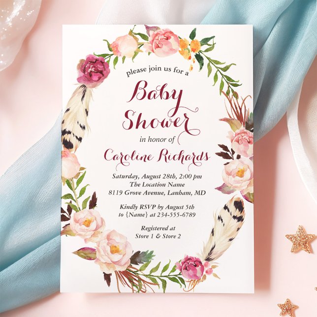 Invitation Bohème en plumes Boho Floral Baby shower de couron (Créateur téléchargé)