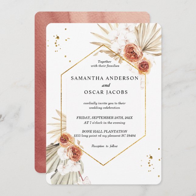 Invitation Bohème En Terracotta Séché Palm Feuilles & Fleurs (Devant / Derrière)