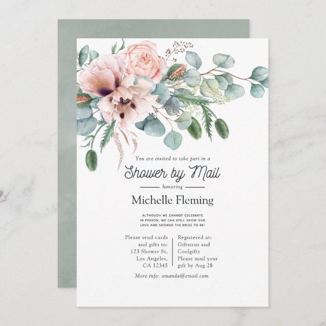 Invitation Bohème Eucalyptus Pink Poppy Douche par courrier (Devant / Derrière)