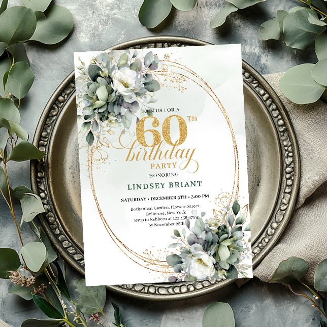 Invitation Bohème Eucalyptus pour les 60 ans avec  (Greenery 60th Birthday Boho Eucalyptus Invite

)