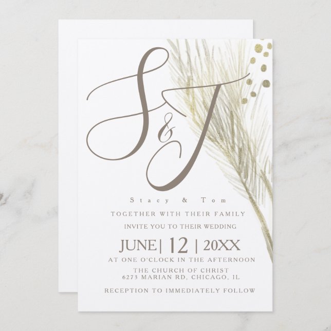 Invitation Bohème Faux Gold Pampas Mariage Ivory (Devant / Derrière)