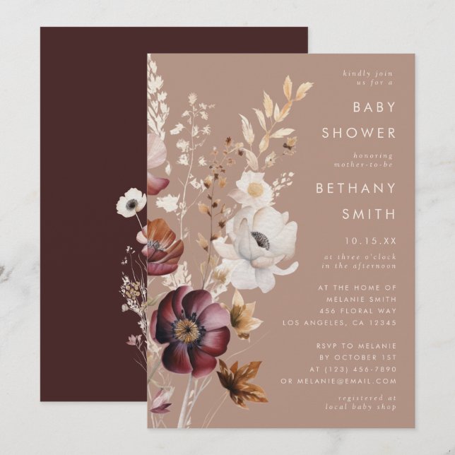 Invitation Bohème Floral Automne Baby shower Taupe (Devant / Derrière)