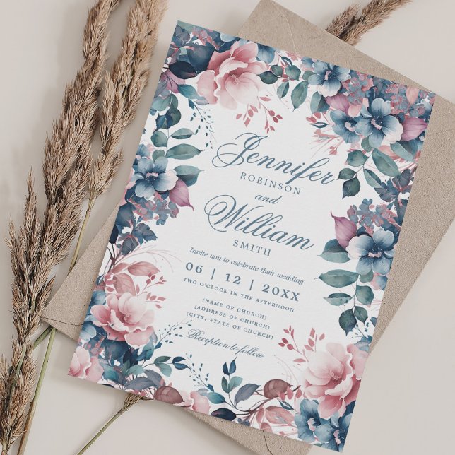 Invitation Bohème Floral Dusty Bleu élégant mariage (Bohemian Floral Dusty Blue Elegant Wedding Invitation)