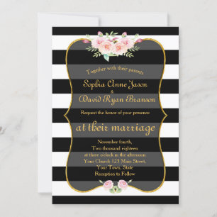 Invitation Bohème Floral or noir blanc rayures Mariage