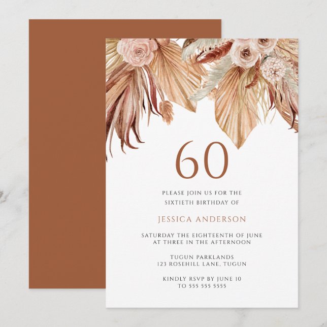Invitation Bohème Floral Terracotta Boho 60e anniversaire (Devant / Derrière)